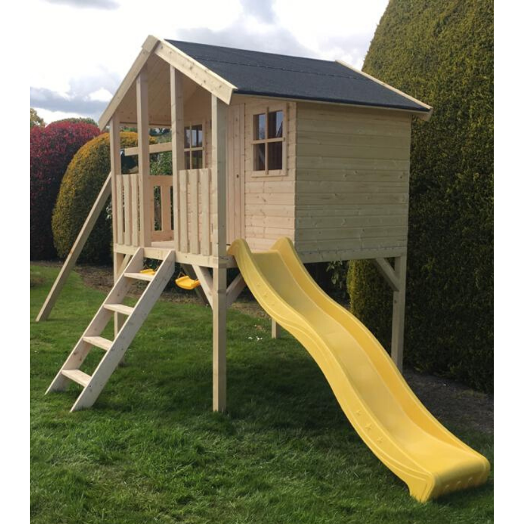 wooden playhouse with slide and sandpit