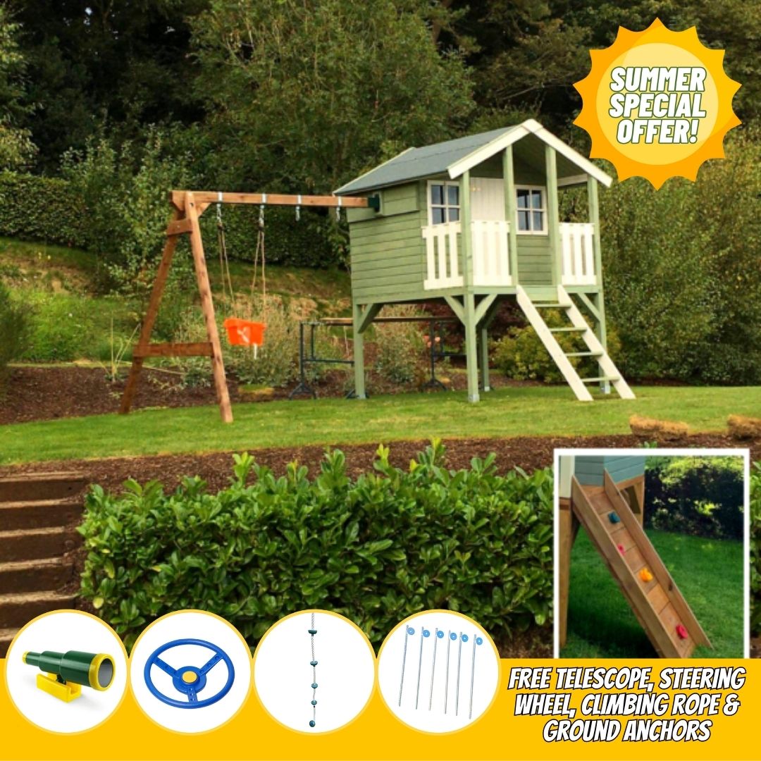 Toby Kids Playhouse with Double Swing and Climbing Wall 2.1m²
